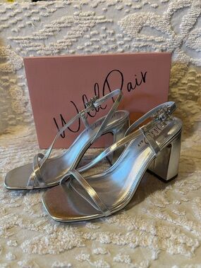 Wild Pair Silver Metallic Block Heel Slingback Sandals with Gem Accent # 645